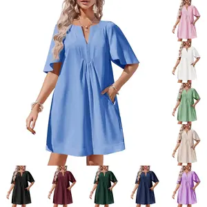 FMEYOA Womens Flutter Short Sleeve Mini Dress Casual V Neck Loose Flowy Summer Dresses