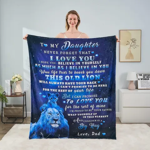 Dad to Daughter Flannel Slogan Print Blanket - Cotton, Soft, Lightweight, Breathable, Wrinkle-Resistant, Durable, Fade-Resistant Lion Design Throw, 50"x60", Thoughtful Gift for Daughter for Birthday, Christmas