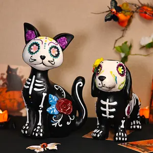 Skull Cat/Dog Art Figurine Resin Sculpture Indoor Outdoor Decor Halloween Gift Decoration Enhance Holiday Atmosphere