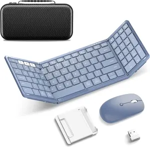 Foldable Keyboard and ,  Folding  Keyboard Combo, 2.4G + BT5.0 x 2, Full-Size Portable Travel Keyboard & Rechargeable   for Windows Android iOS  OS, Blue