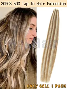 20pcs Tape in Hair Extensions, Highlighted with Blonde, 20 Inch Synthetic Fiber, Straight, All Seasons, Glue in Extensions, Synthetic Hairpieces