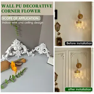 Baroque Style PU Corner Rose Flower Decorative Stickers, European Relief Wall Ceiling Shapes, Waterproof Faux Gypsum Art Carvings