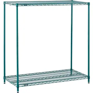 Global Industrial 14363G2 Nexel 2-Layer Poly-Green Wire Shelving Unit Starter Racks - 36x14x34 in, Expandable, 4 Posts with Leveling Ft, Anti-Microbial