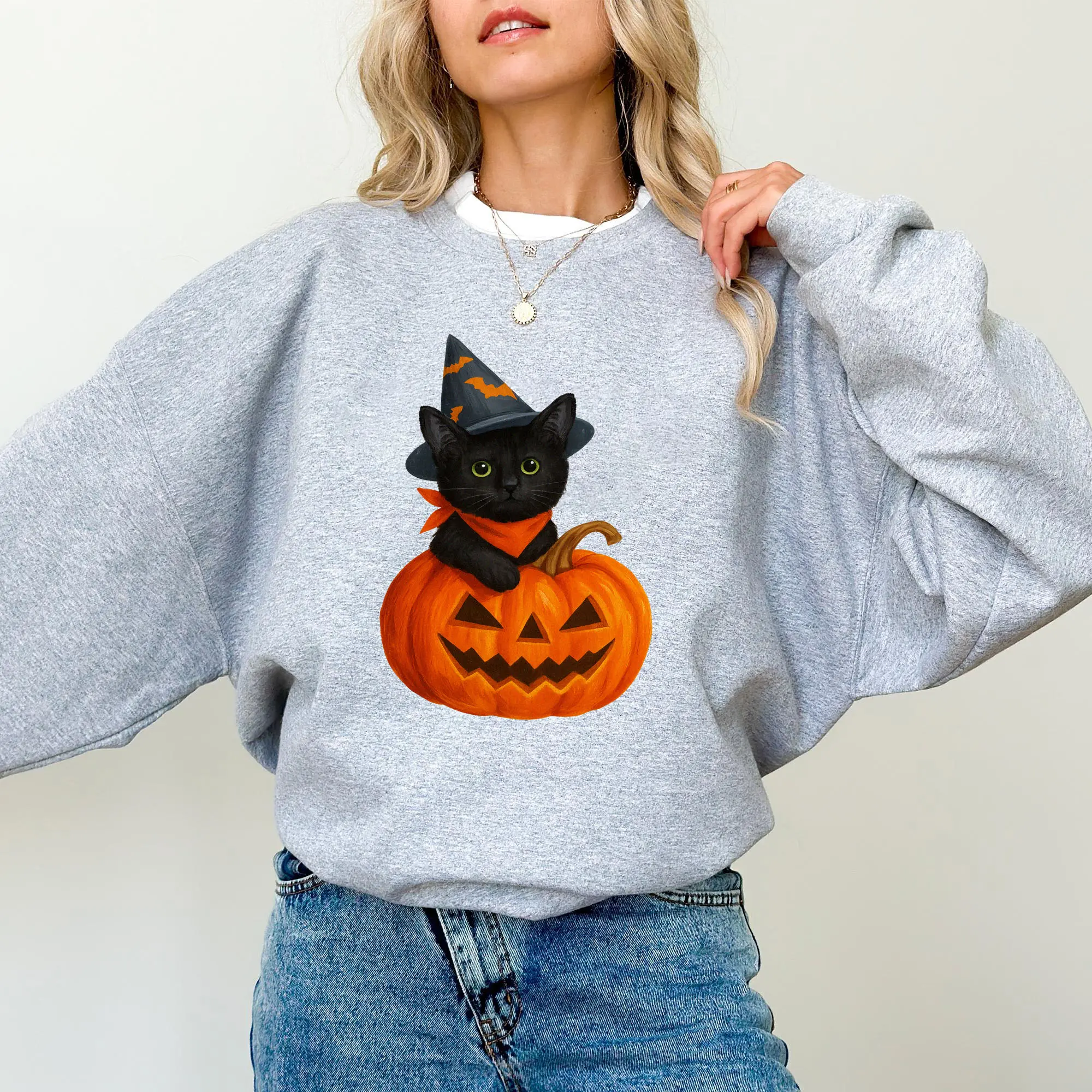 Black Cat Pumpkin Sweatshirt, Sweater for fall, Black Cat Sweater, Halloween Black Cat Shirt, Halloween Gifts for Cat Owner, Cat Lovers Gift