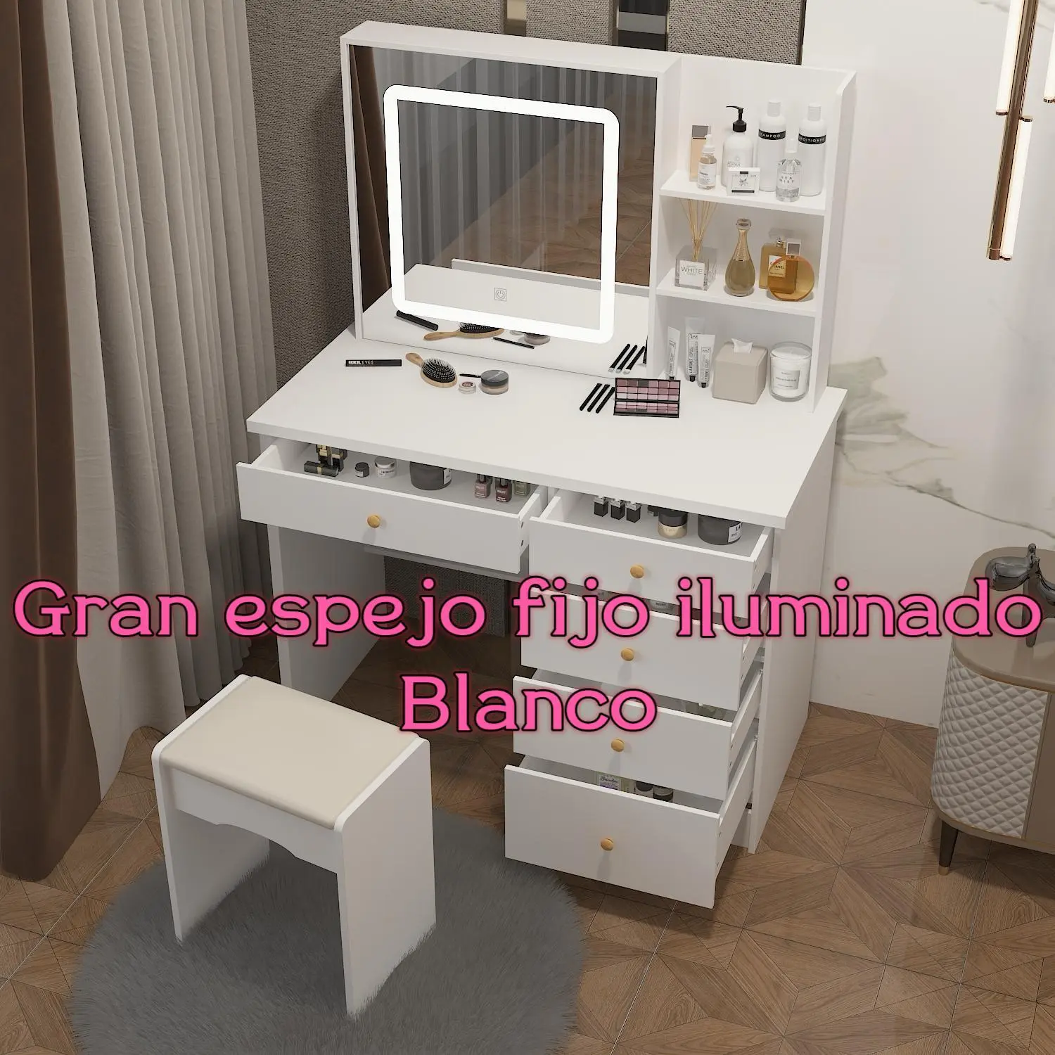 Large Lighted Fixed Mirror No Sliding-White