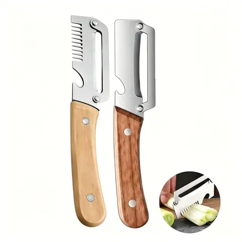 2Pcs 2-in-1 Wooden-Handled Veggie Peeler - Stainless Steel Blade, Built-In Opener, Ergonomic Design, Durable Kitchen Utensil for Easy Pumpkin Peel, Daily Cooking Multifunctional Manual Gadget, Kitchen Peeling Utensils