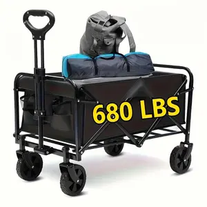 680LB Heavy Duty Foldable Wagon Cart, All Terrain Collapsible Utility Wagon for Beach Camping Grocery Outdoor with Cup Holders