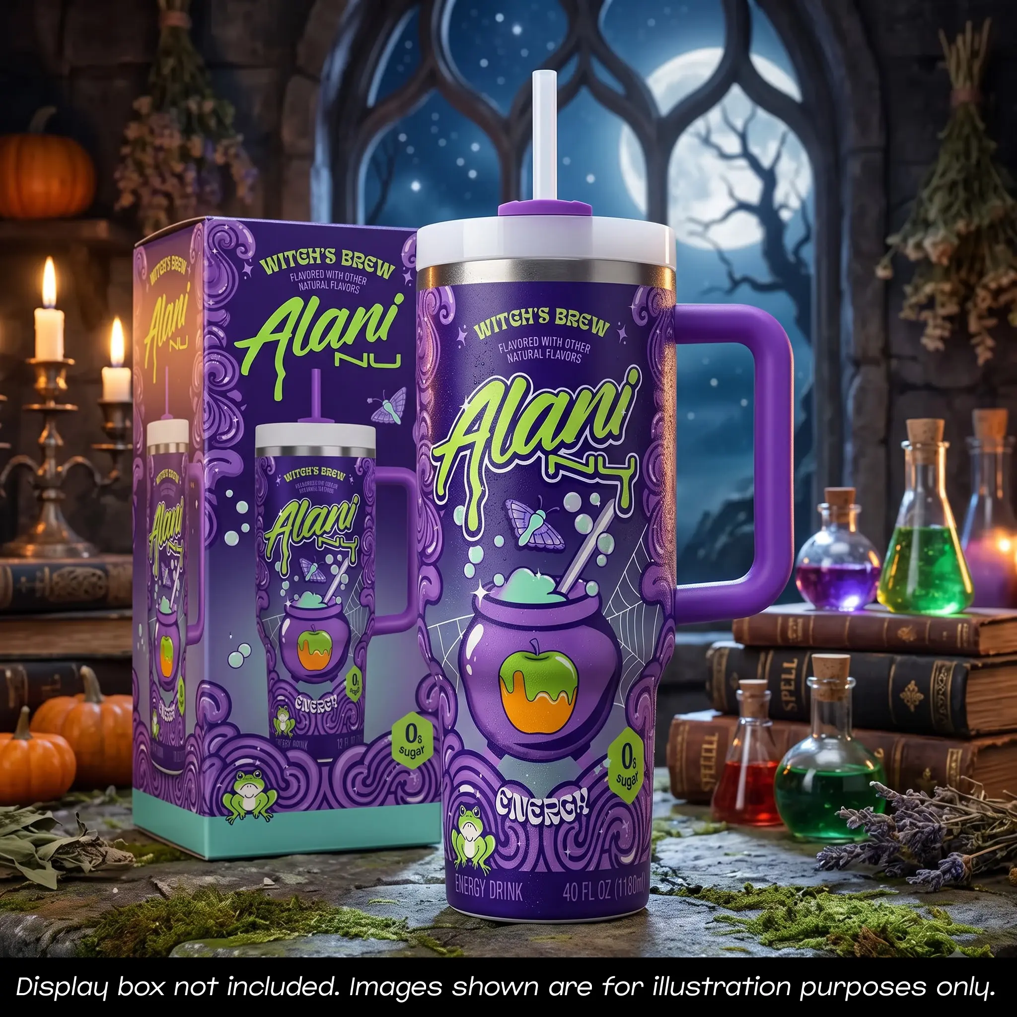 Alani Nu Witch's Brew 40oz Tumbler with Straw Handle, Spooky Halloween Energy Drink Insulated Vacuum Mug, Purple Witch Cauldron Poison Apple Cold Water Bottle, Fitness Drink Fan Merchandise Gift