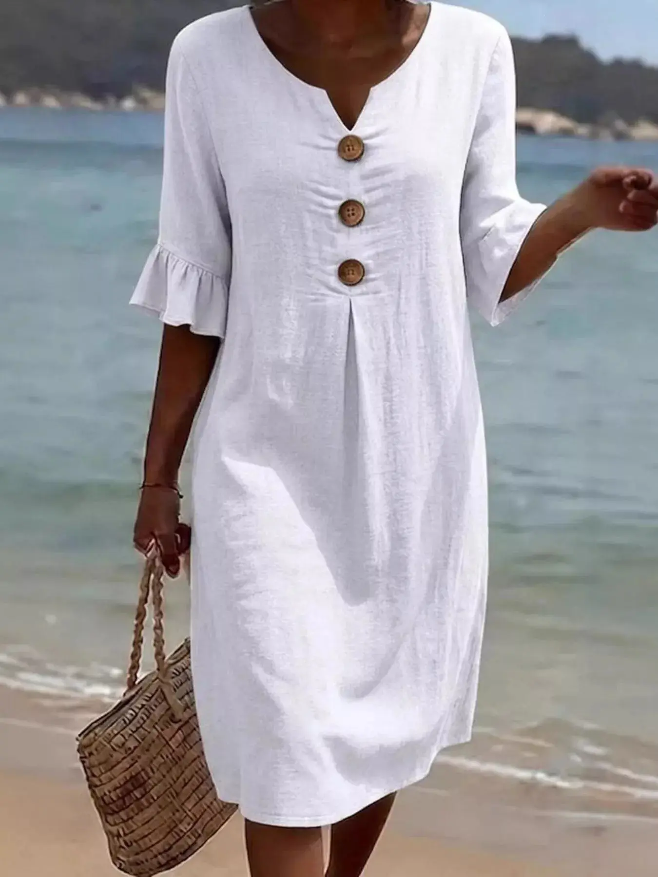 Daydream Button Accent Flounce Sleeve Dress