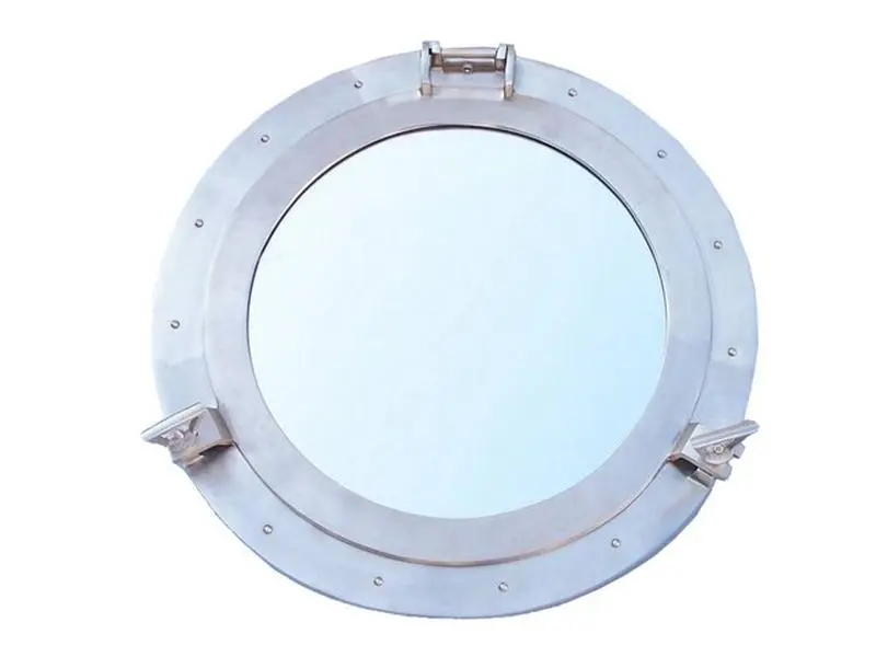 24 in. Heavy Antique Round Wall Mirror - Handcrafted Brushed Nickel Nautical Theme Decor, Room & Window Wall Decorations Ship Porthole Style MC-1967-24-BN-W