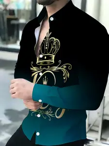 Men's breathable lapel long sleeve cardigan with black to teal gradient and gold crown King letter print