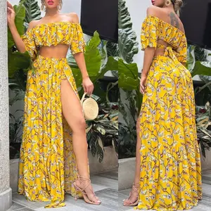Colombian Women's 2-Piece Floral Print Outfit - Off-the-Shoulder Yellow Top & High-Slit Fitted Short Skirt Ensemble, Elegant Bohemian Womenswear Set, Elegance, Women's Clothes