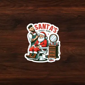 Santa’s Favorite Barber Sticker, Funny Christmas Barber Shop Decal, Festive Holiday Hair Stylist Graphic