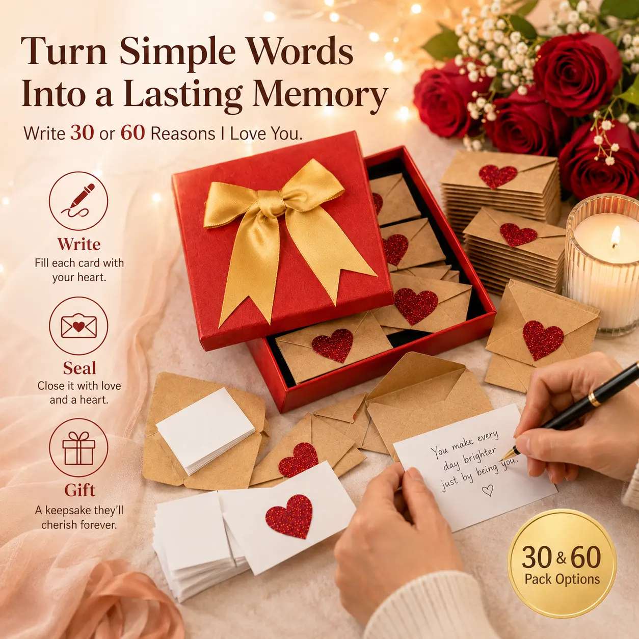 DIY Love Notes Box - Mini Blank Cards & Envelopes for Him Her - Cute Valentine’s Day Anniversary Gift for Boyfriend Valentine's Day