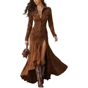 Womens Vintage Western Dresses, Suede V Neck Button Down Long Sleeve Maxi Dress Fishtail Hem Boho Western Dresses