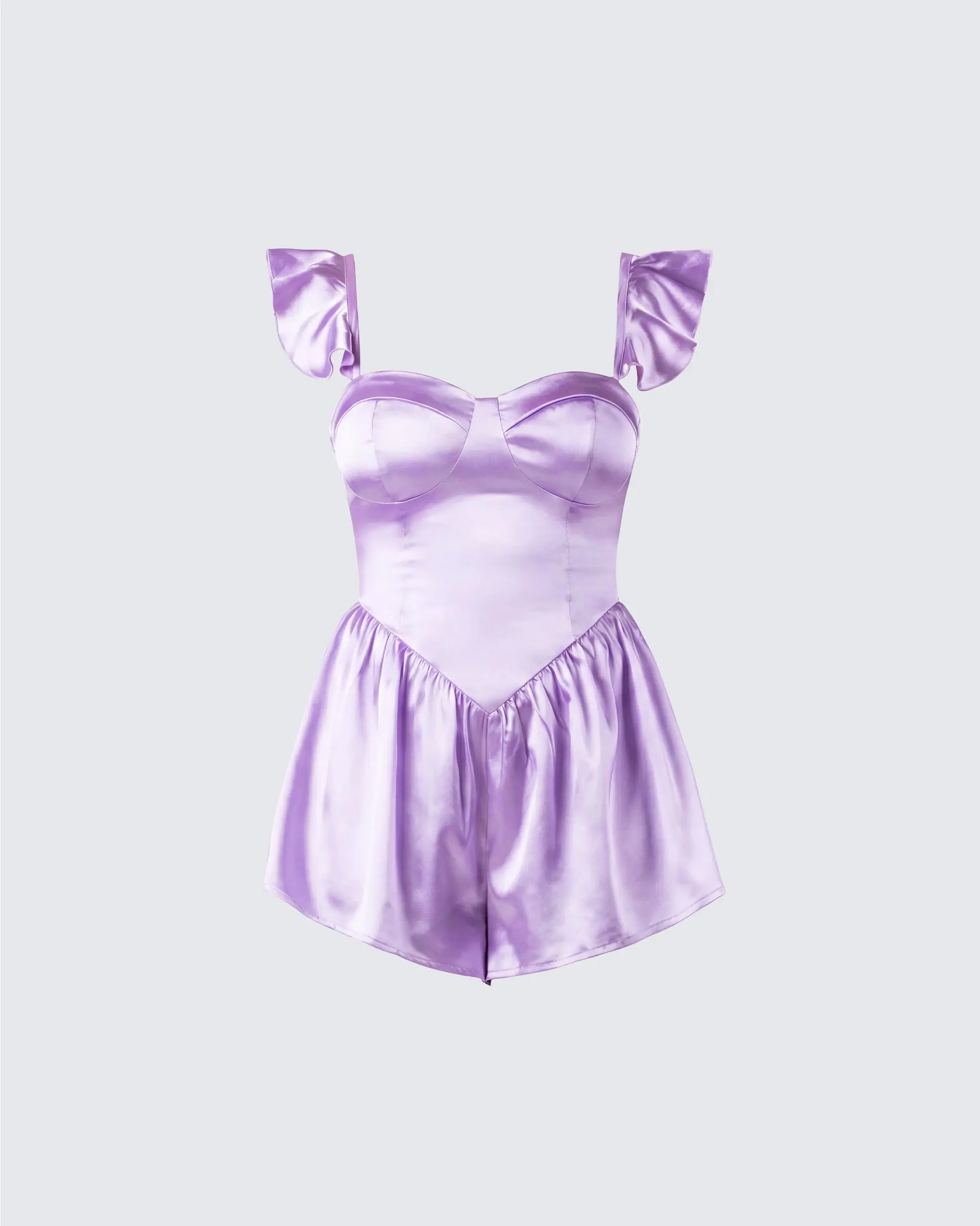 Nett Lavender Satin Ruffle Romper