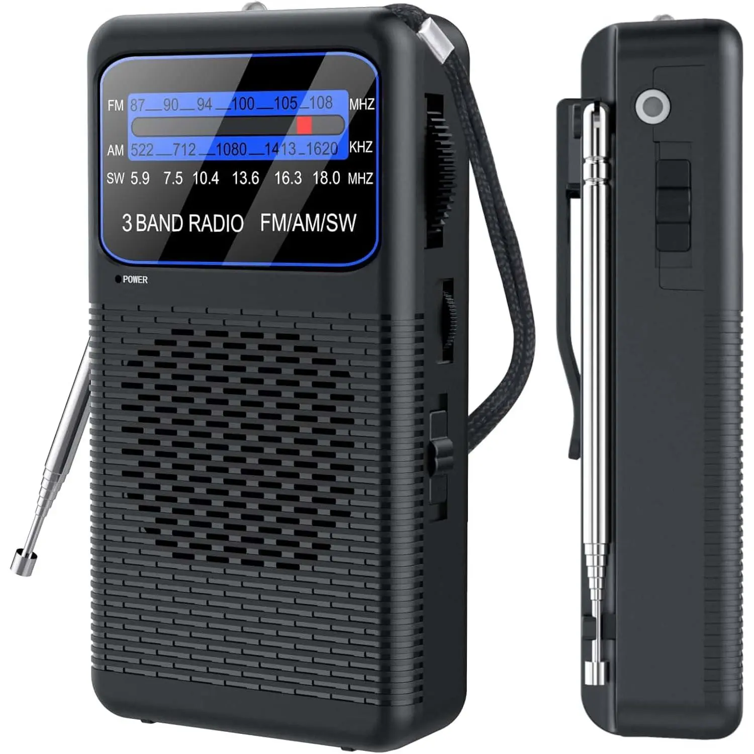 AM FM SW 3 Band Pocket Radio, Portable  Operated Shortwave Radio,  Clip Transistor radios with 3.5mm Earphone Jack,  LED Flashlight for Camping,