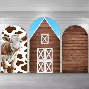 Rustic Farm Cow Arch Covers Stretchy Backdrop – Barn & Wood Design, Perfect for Farm Theme Birthday & Barnyard Party Photo Backdrop
