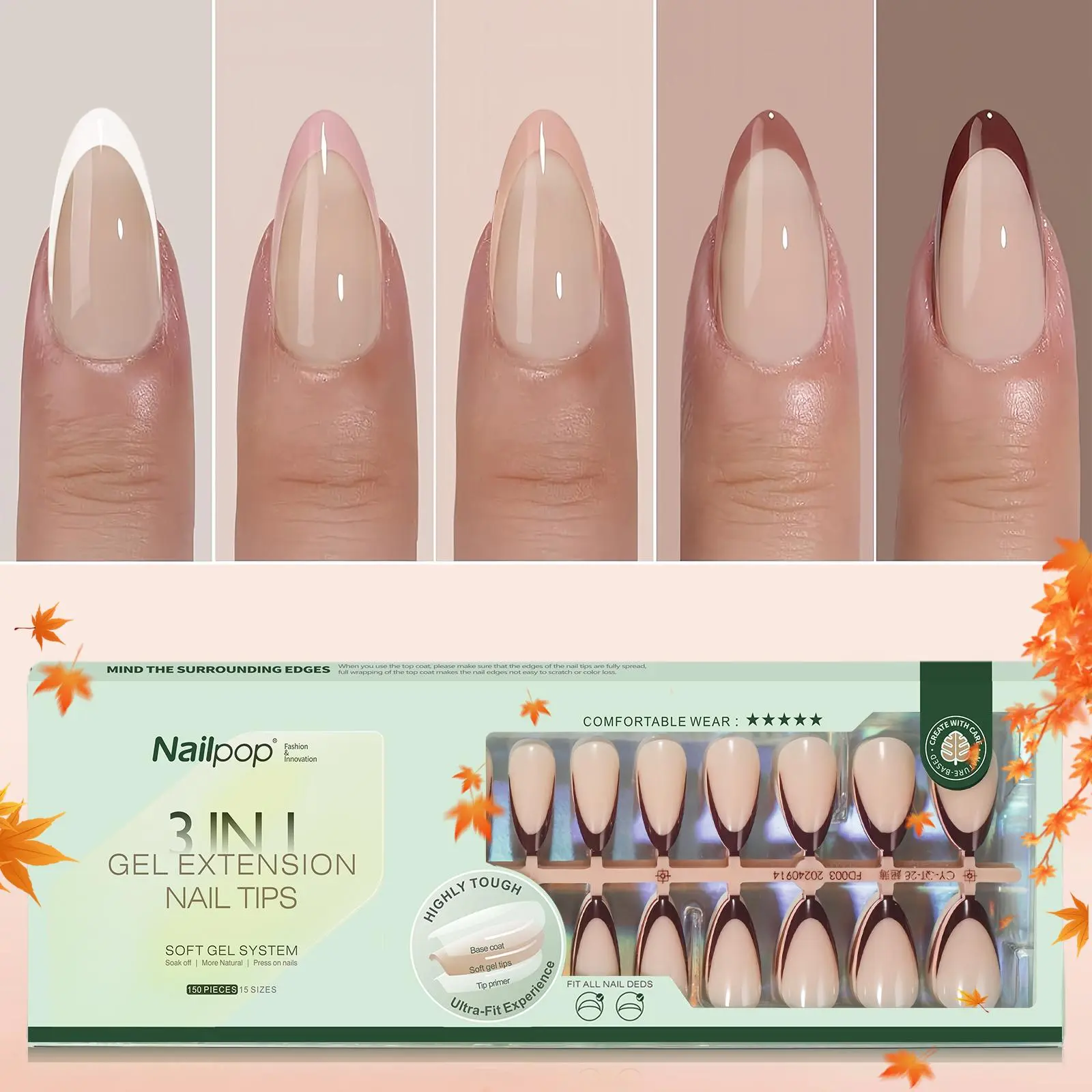 150Pcs French Gel Nail Tips Medium Almond Pre-Colored Press on Nails Skin Tones Soft Gel Nails False Nail Extensions