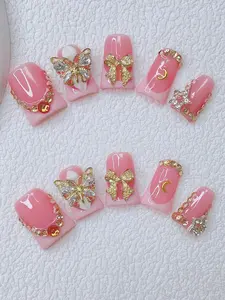 10pcs Handmade Duckbill Press-On Nails Set, Pink Base with Pink French Tip, Three-Dimensional Floral Details, Gold Bow, Butterfly and Star Rhinestone Accents, Full Cover False Nails for Daily Styling, Includes Tool Kit