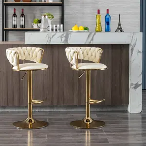 Set of 2 Luxury Bar Stools - Velvet Swivel Seats W/ Golden Chrome Base, Adjustable Height Mechanical Lift for Kitchen Island & Home Bar
