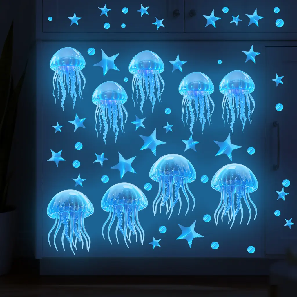 61 glow-in-the-dark jellyfish and star wall decals, self-adhesive and removable PVC material. Suitable for room decoration, wallpaper, bedroom decoration, wall decoration, home decoration, Christmas, and holiday party decorations.