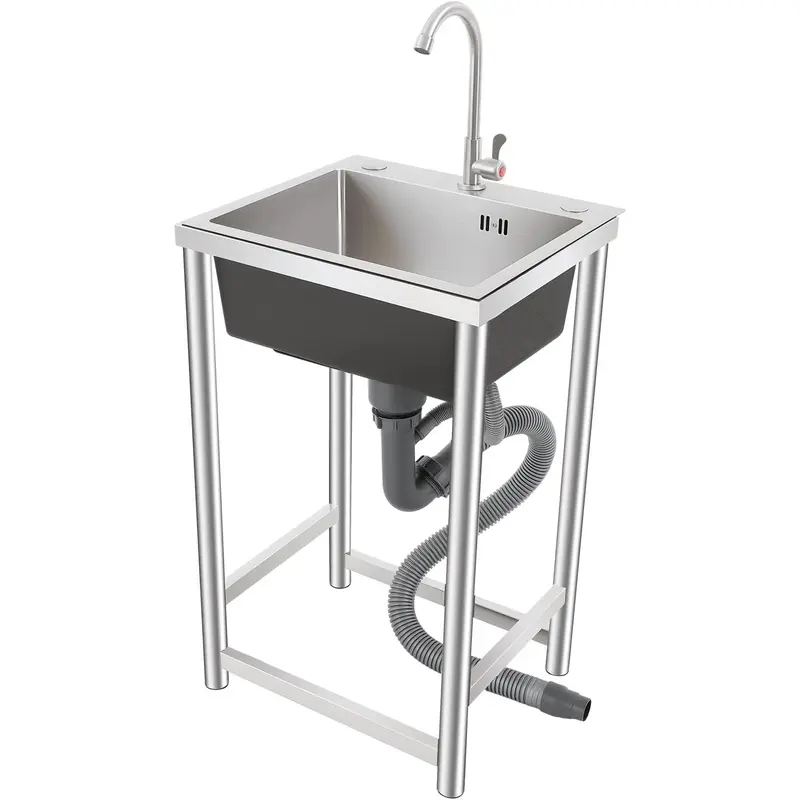 Modern Rust-Resist Steel Single-Bowl Kitchen Sink - Freestanding, Portable, Stain-Resistant, Water-Saving, Noise-Reducing, 110lb Durable Build, Anti-Condensation Coating, 360° Faucet Swivel, Strainer Basket, Easy Installation for Home, Commercial Use