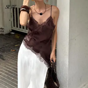 Women Lace Trim Satin Tank Top V Neck Silk Camisole Tops Asymmetrical Backless Spaghetti Strap Tank Cami Shirts