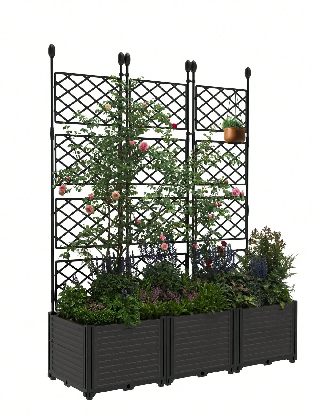Gaomon 3pcs Square Plastic Planter Boxes with 48.8"x16" Metal Trellis - Minimalist Indoor Furniture Raised Garden Bed, 16"x16" Windproof Base, Privacy Screen for Climbing Plants (Balconies, Patio Use), 1Pcs 2 Set Planter Boxes With Trellis