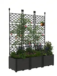 3 PCS Plastic Plant Box With Metal Trellis, Raised Garden Bed With Trellis Planter For Climbing Plant Outdoor Raised Box Privacy Screen For Patio Balcony,Planter Box For Backyard Patio