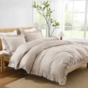 Gingham Duvet Cover Queen, Tan Brown Ruffle Farmhouse Shabby Chic Duvet Cover, 3 Pieces Soft Pre-Washed Polyester Duvet Cover Set with Zipper Closure & Corner Ties, 90x90Inch
