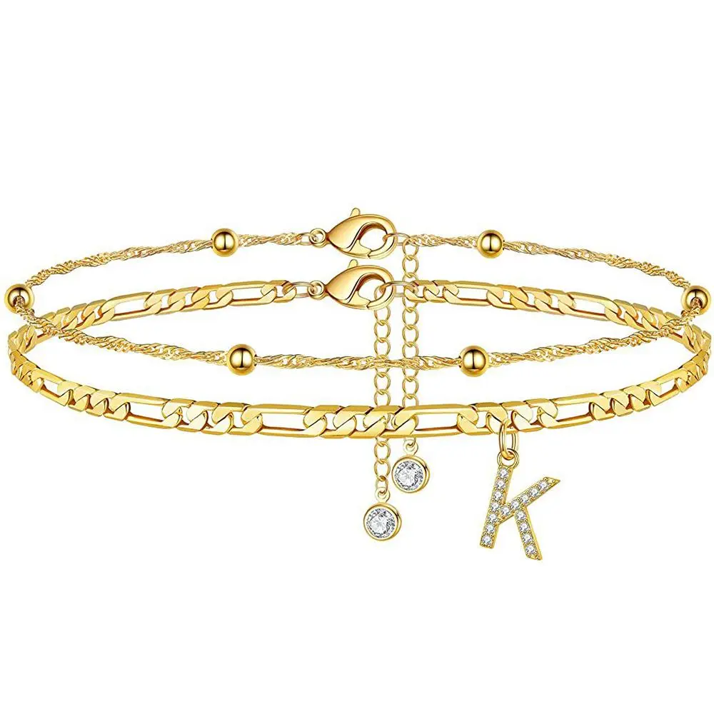 Initial Ankle Bracelets for Women 14K Gold Plated Letter Ankle Bracelets Layered Non Tarnish Summer Beach Jewelry Gift