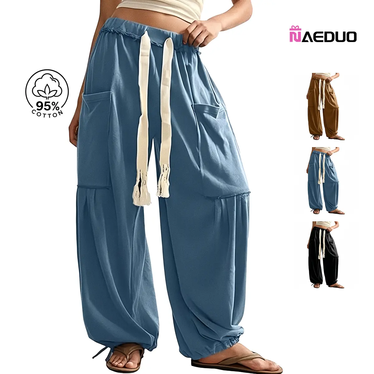 Naeduo Women's Slouchy Baggy Harem Pants with Cargo Pockets, Casual Drawstring Bohemian Trousers Elastic High Waist Lounge Wear Everyday Outfits