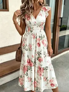 Women’s floral print V-neck flowy sleeves ruched high-waisted long dress — Kenzie Island Pink Dress, Bandage Dress, Bounce Dress Summer Vneck