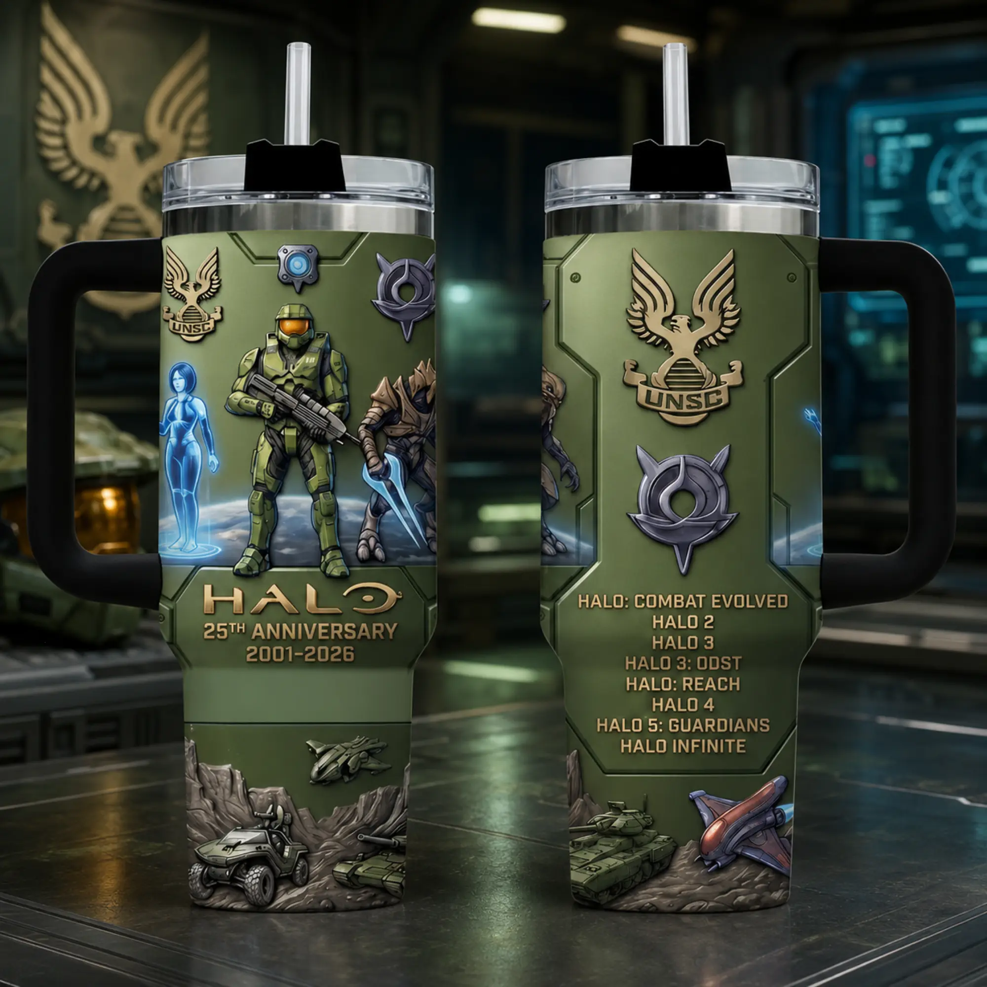 Halo 25th Anniversary Tumbler with Handle, Master Chief 40oz Insulated Travel Mug, UNSC Cortana Arbiter Game Timeline Design, Sci-Fi Gaming Merchandise, Stainless Steel Coffee Cup Reusable Lid Lover