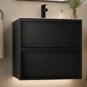 24 Inch Bathroom Vanity Cabinet Wall Mounted Floating Storage Unit with Two Drawers Matte Black MDF Modern Bathroom Furniture for Small Space Organization, Matte Black Color Options, MDF Material, Product Dimensions: 17.91 W x 23.23 D x 19.69