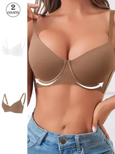 2-pack Solid color sporty Athletic design Lightweight and soft to wear No traces Gathered Supportive women's bra Underwire with breasts Adjustable shoulder straps Everyday versatility Suitable for sports and other scenes