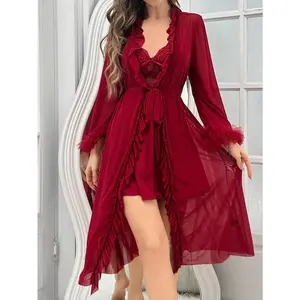 Spliced Lace Cami Sleep Dress And Ruffled Hem Robe Pajama Set