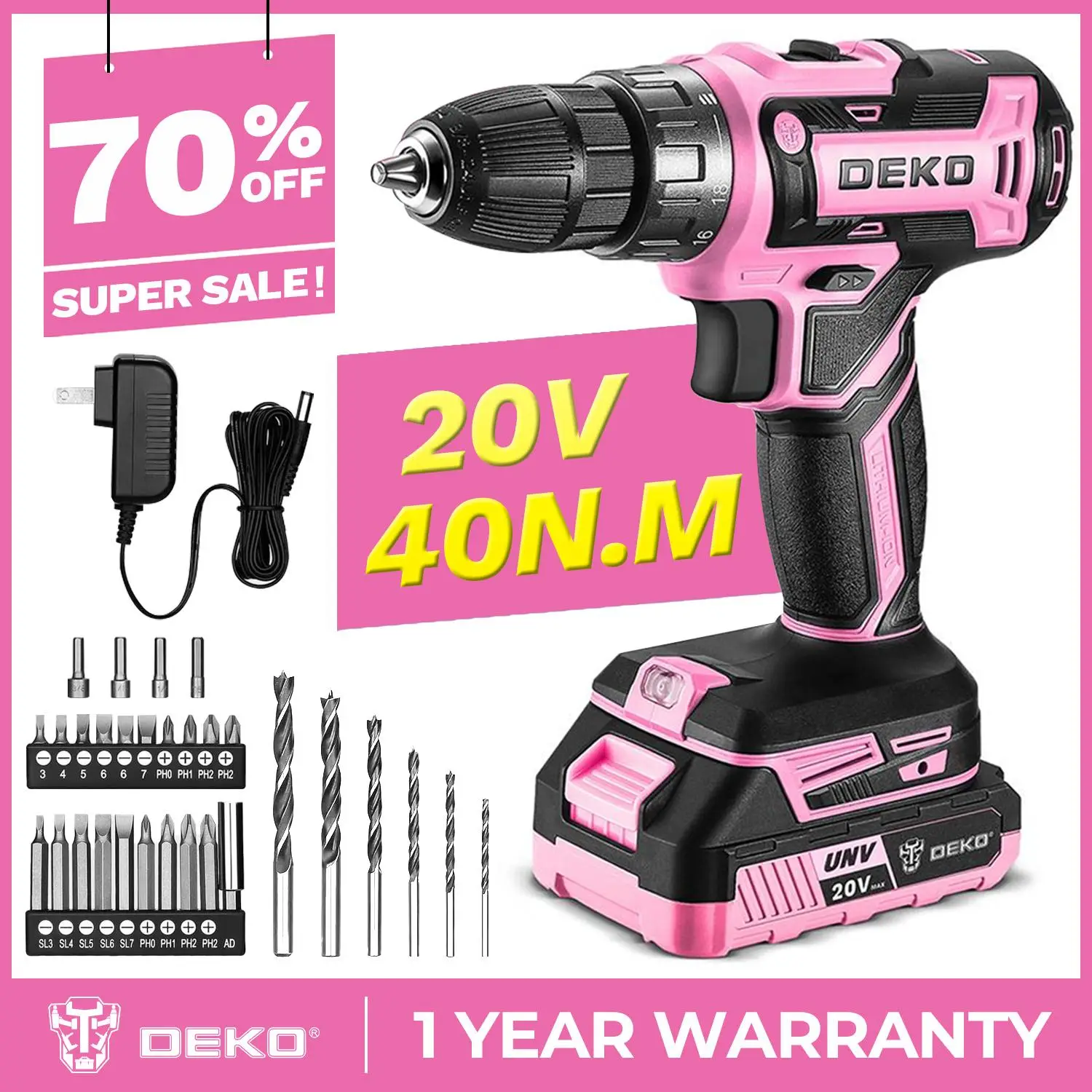 DEKO Cordless Drill 20V Electric Power Drill with 1.5AhLithium-ion Battery and Charger, Two Variable Speed and 18+1 Torque Settings,Easy Handling,Powe