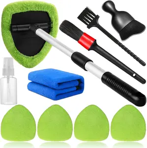 10 count Windshield Cleaning Tool Inside  Window Cleaner Wash Kit with 4  Microfiber Pads 1 Spray Bottle and Extendable Handle Interior Auto Glass Wiper Kit, Green