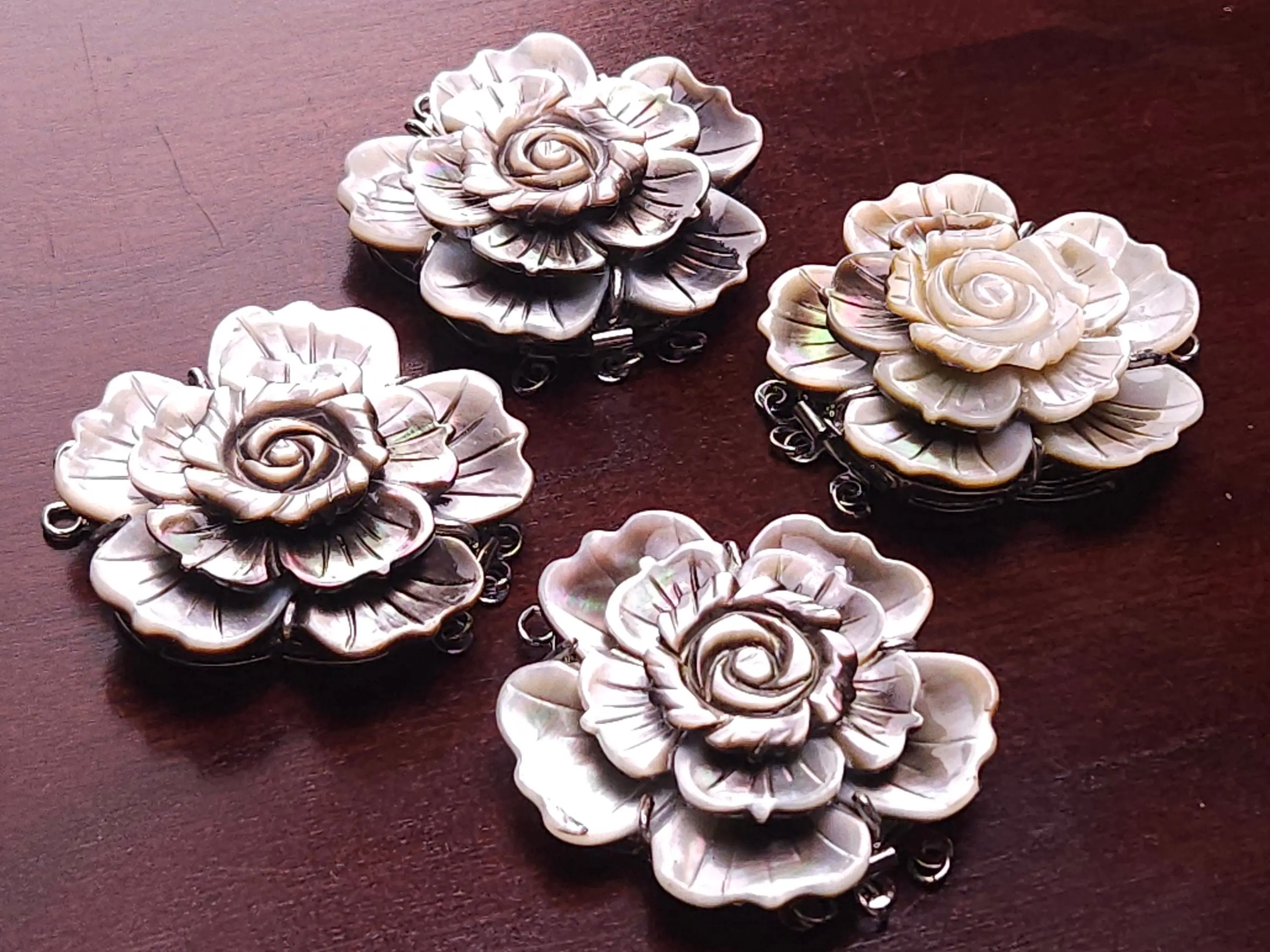 Hand Carved Black Lip Mother of Pearl Clasp, MOP 3 Loop Fancy Flower 43mm Large Clasp, Jewelry Making Rhodium 3 line vintage Clasp