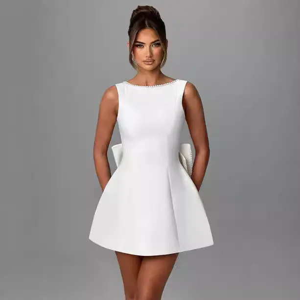 Fashion Big-Bowed Pearls Backless Dress with Backless Design and Pearls Detail Basic Casual