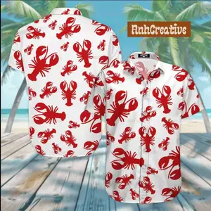 Lobster 3D Hawaiian Shirt Halloween Gift Funny Tropical Beach Party Shirt, Mens Lobster 3D Print Hawaiian Shirt Halloween Costume Beach Vacation Shirt
