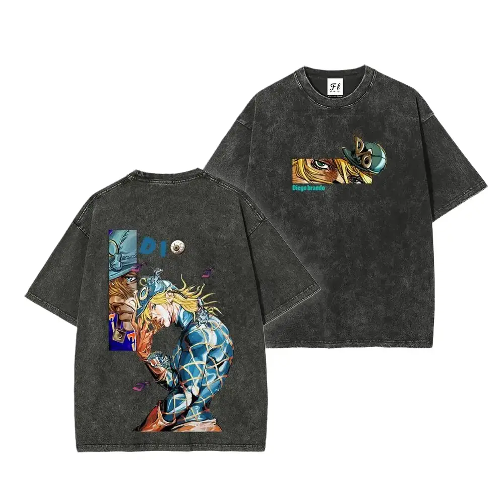 Men's Acid Wash Tshirt with a 2-Sided Jujutsu Kaisen Choso Graphic Print, Loose Cut Short-Sleeve Cotton Top with a Retro Vibe, Shortsleeve, Casual