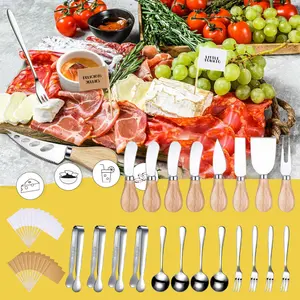 Set of 20 Cheese and Butter Spreading Knives with Toothpick Flags, Includes Spreaders, Deli Boards, Mini Tongs, Deli Spoons & Forks, suitable for birthday kitchen accessory