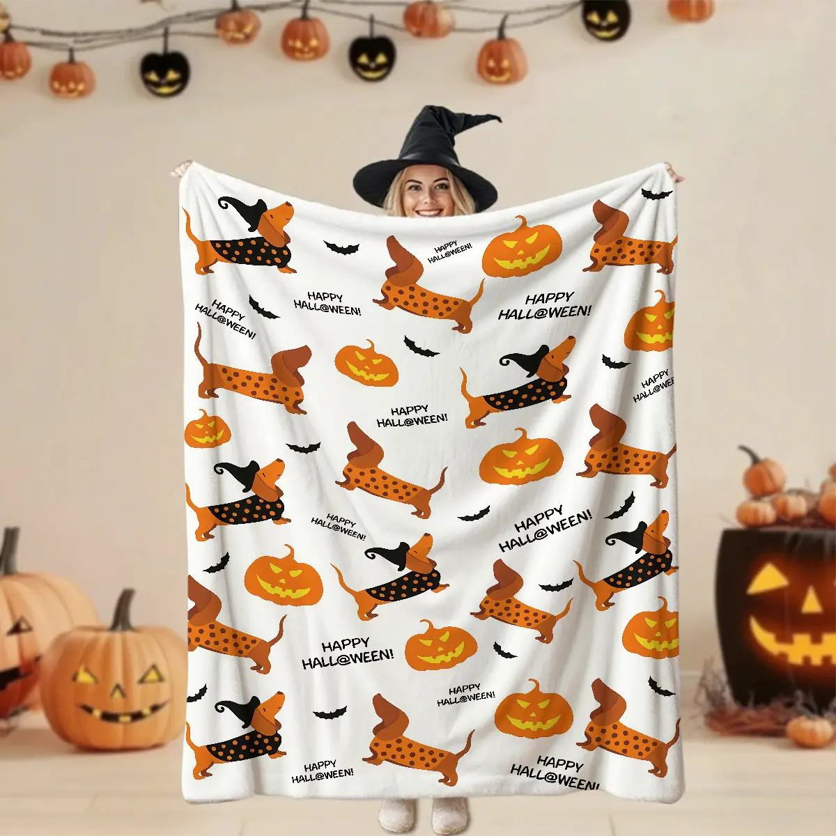 1 piece of Halloween themed Jack Pumpkin Dachshund pattern blanket, soft and comfortable warm nap blanket, perfect for home office travel, perfect for halloween gifts and decorations