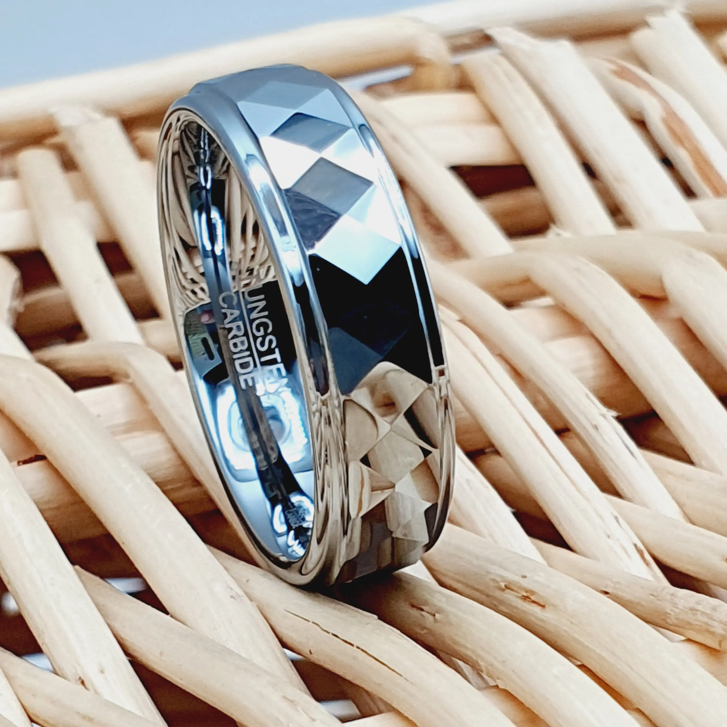 Tungsten Carbide Faceted Ring - Men's Wedding Band, High Polished, 6mm Thick Band, Anniversary Band, Engagement Ring