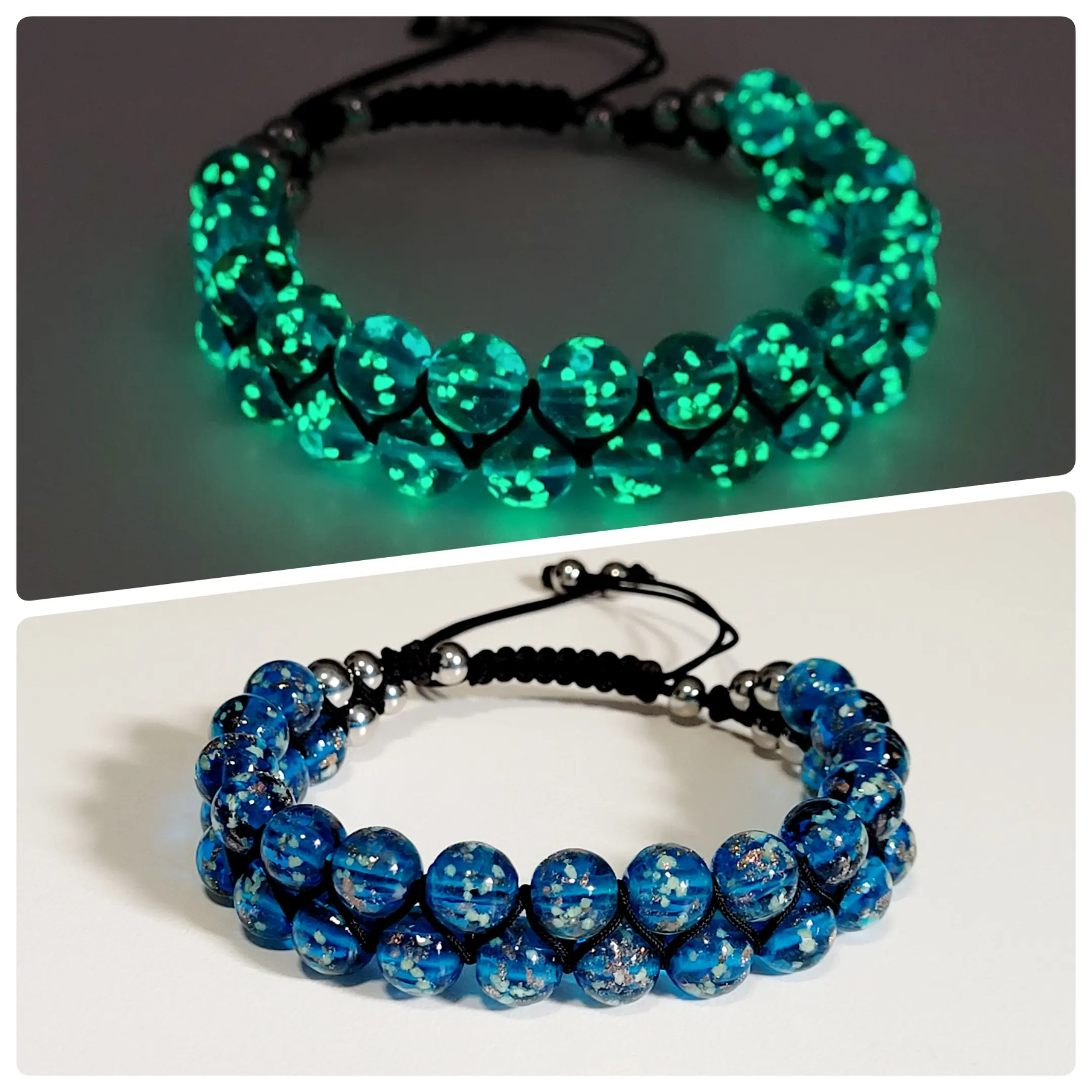 Sky Blue Glow-in-the-Dark Firefly Double Row 8mm Glass Bead Adjustable Length Bracelet Handmade with UV Light Boho Trendy Stack Bangle