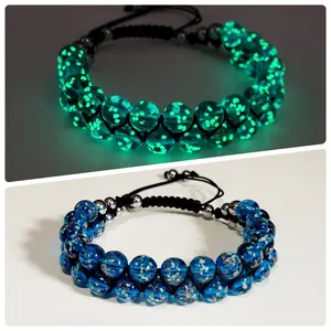 Sky Blue Glow-in-the-Dark Firefly Double Row 8mm Glass Bead Adjustable Length Bracelet Handmade with UV Light Boho Trendy Stack Bangle