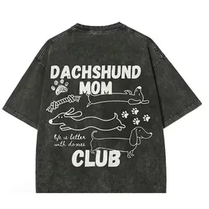 Dachshund Mom Club T-shirt Women's Casual Cotton Comfort Shirt, Vintage CrewNeck Acid Washed Oversized Drop Shoulder Heavyweight T-shirt, Baggy Workout Tops Short Sleeve Shirt